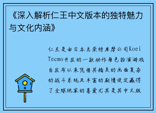 《深入解析仁王中文版本的独特魅力与文化内涵》